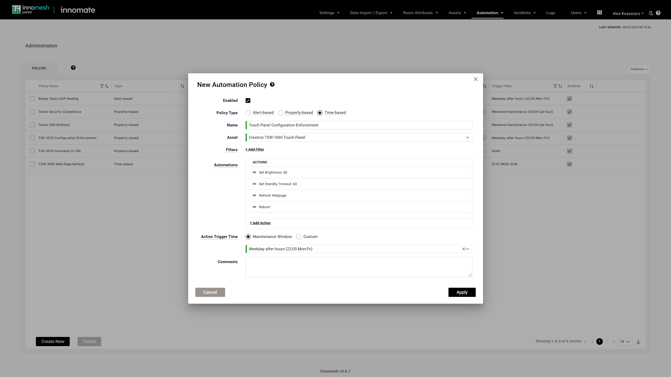 New policy form with four actions listed and a maintenance window selected as the trigger