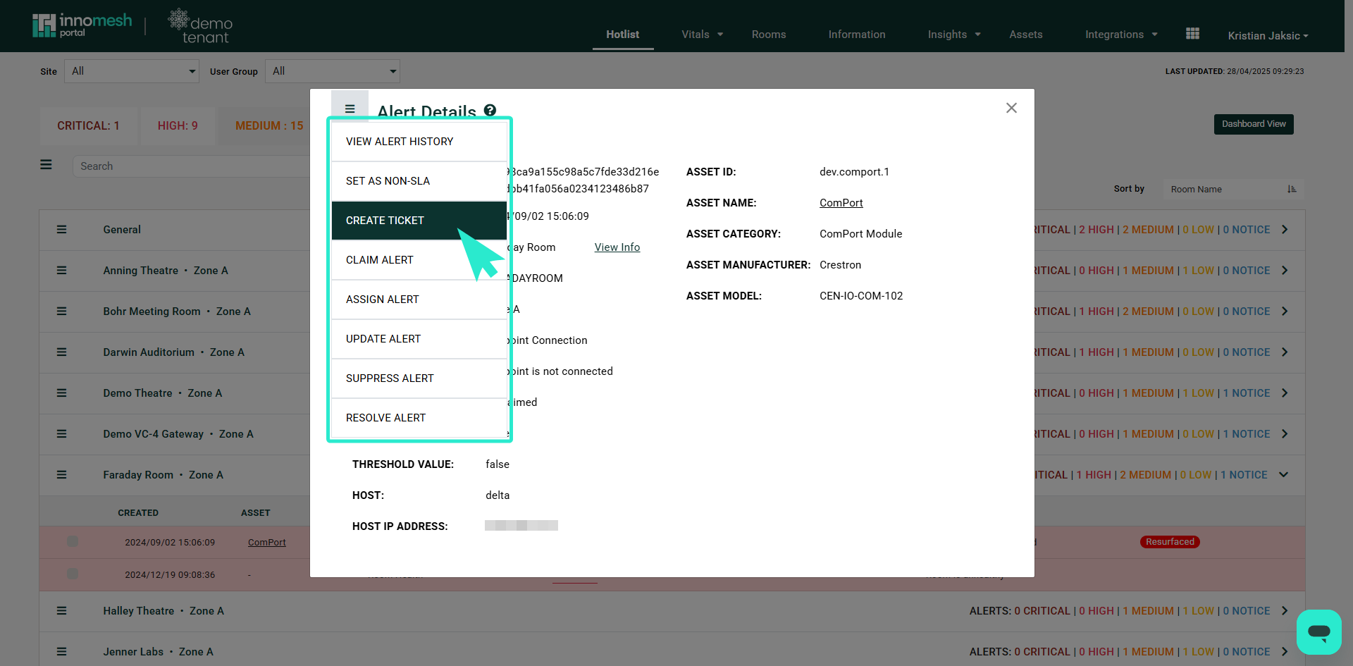 Alert Details options menu with Create Ticket highlighted, alongside View Alert History, Claim Alert, Assign Alert, Suppress Alert, and Resolve Alert