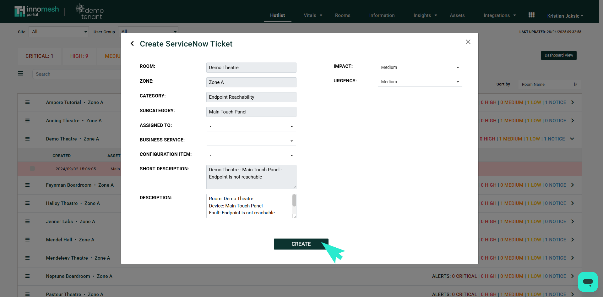 Create ServiceNow Ticket dialog with Room, Zone, Category, Subcategory, Impact and Urgency fields and auto-populated Short Description and Description