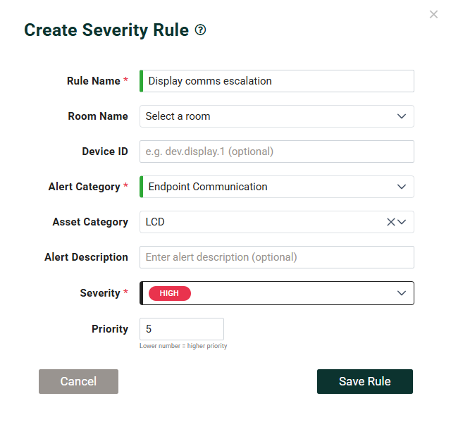 Create Severity Rule dialog with rule name, room, device, category, severity, and priority fields