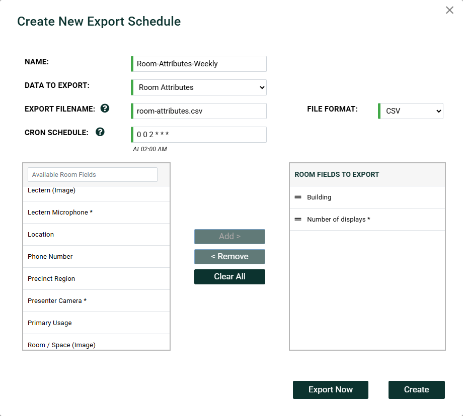 Create New Export Schedule dialog with name, data to export, filename, CSV format, cron schedule, and a room fields selector