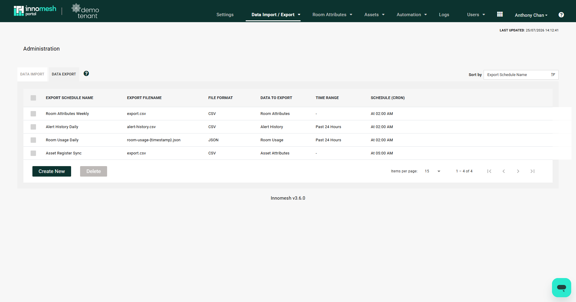 Data Export tab listing four export schedules with filename, format, data type, time range, and cron columns