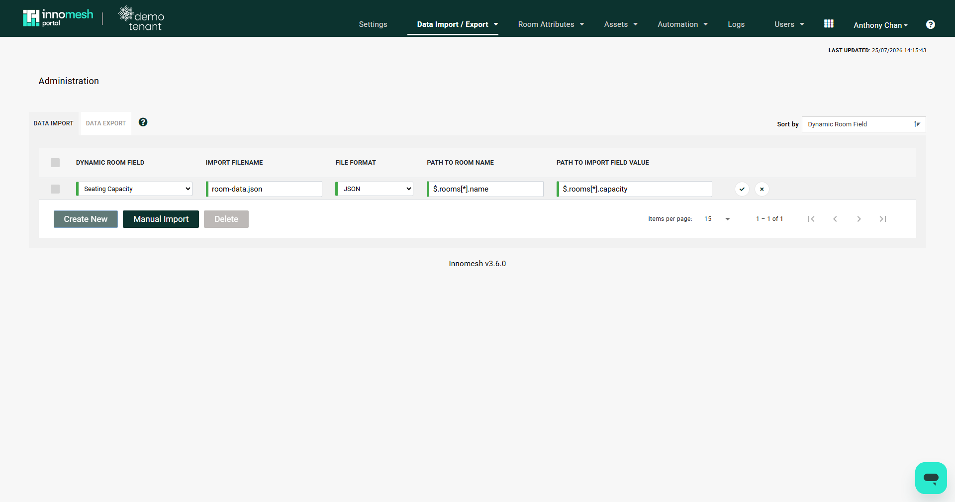 Data Import tab with a new configuration row holding a dynamic room field, filename, and JSONPath expressions
