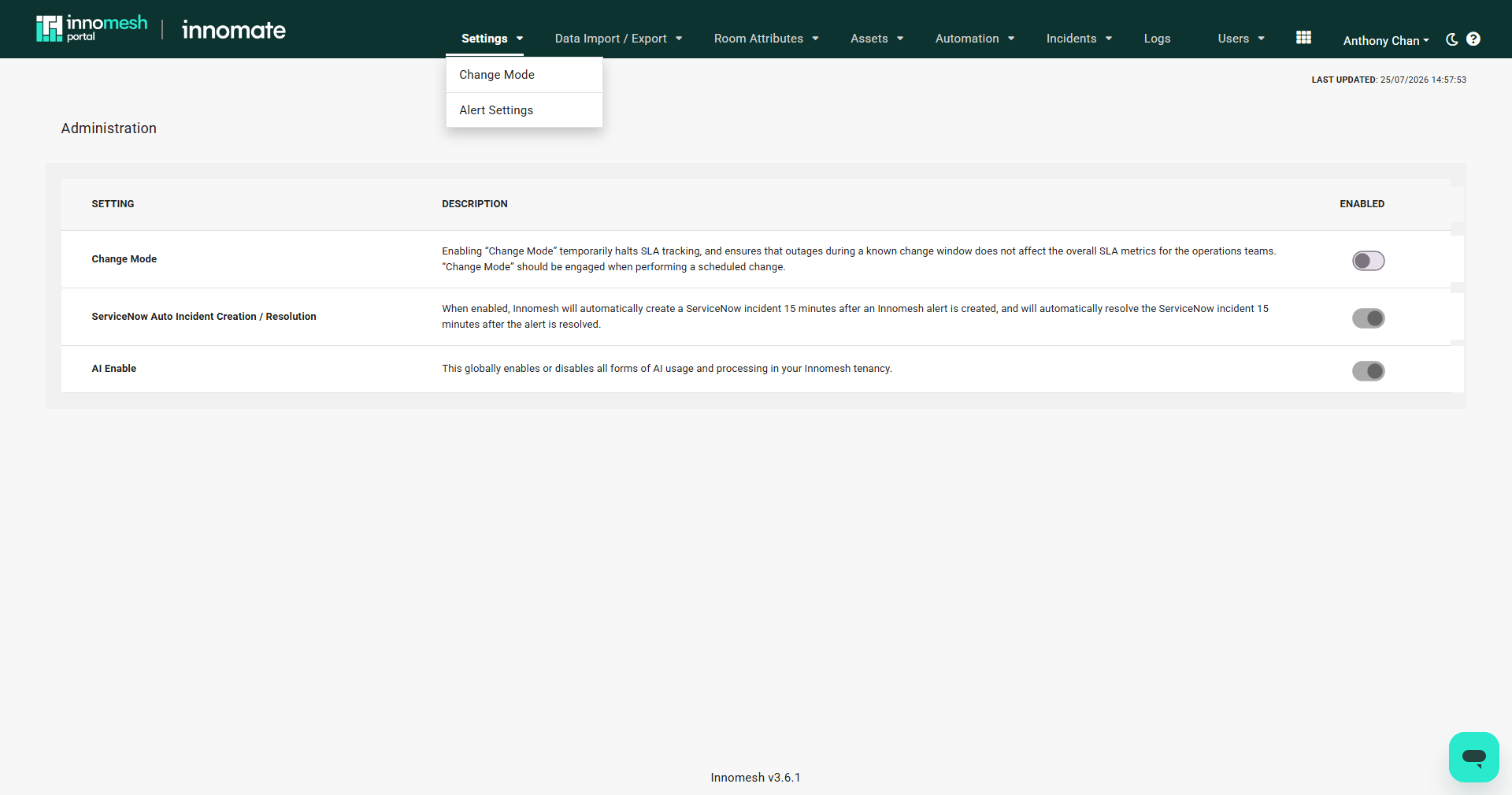 Settings menu expanded showing Change Mode and Alert Settings, above a table with three toggles