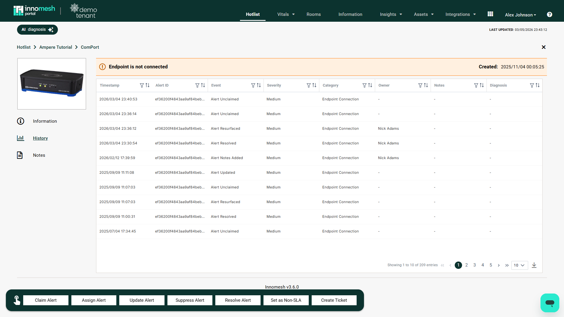 Alert Details panel showing the History tab with a timeline of events
