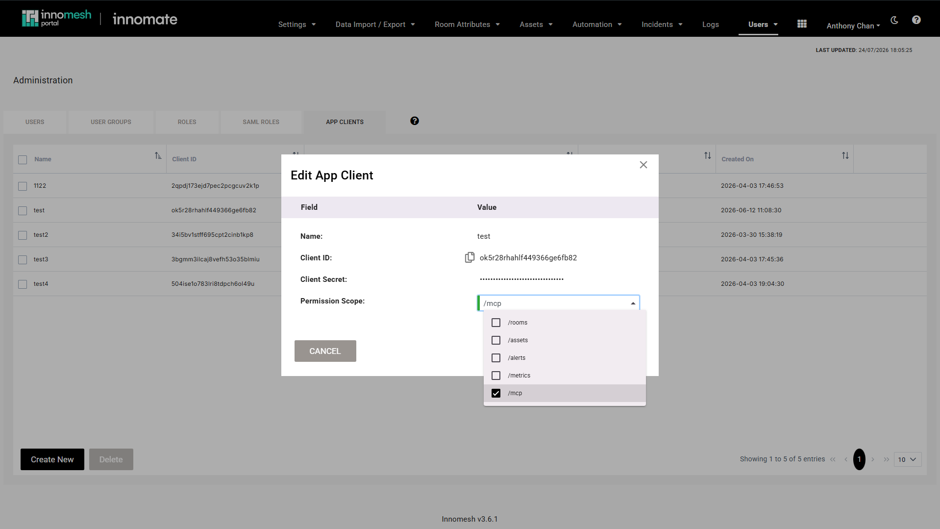 Edit App Client dialog showing name, client ID, masked client secret, and a Permission Scope dropdown with /mcp ticked
