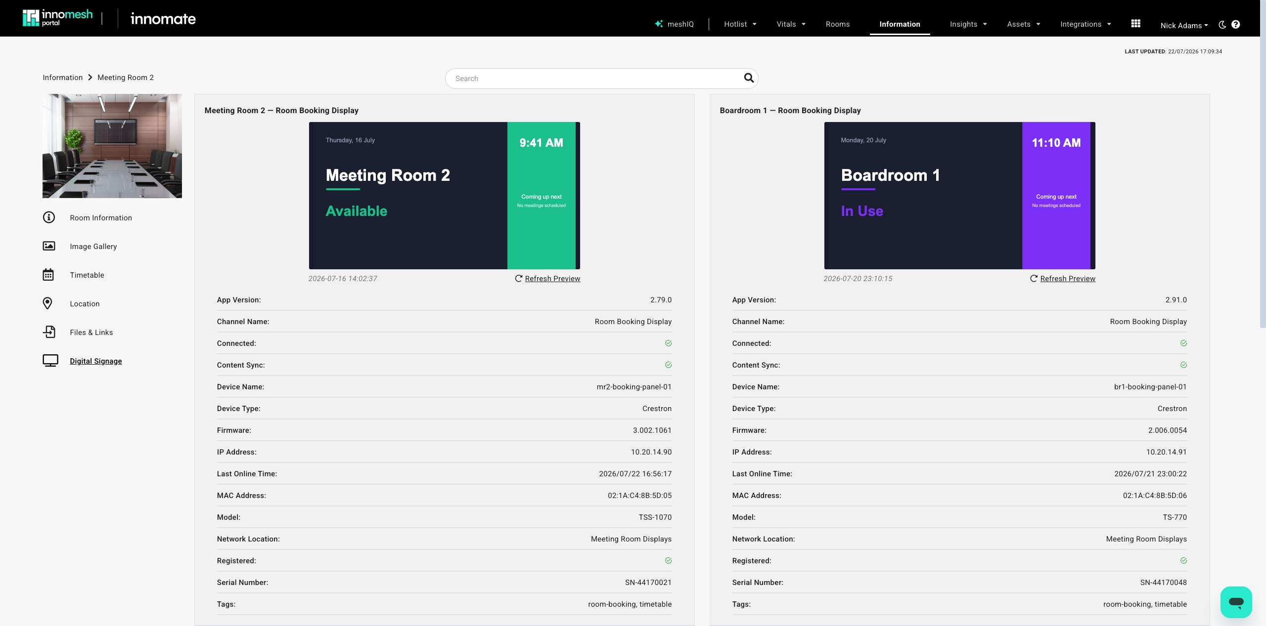 Digital Signage page with two booking panels side by side, each showing a screen preview, capture timestamp, Refresh Preview link, and a property list