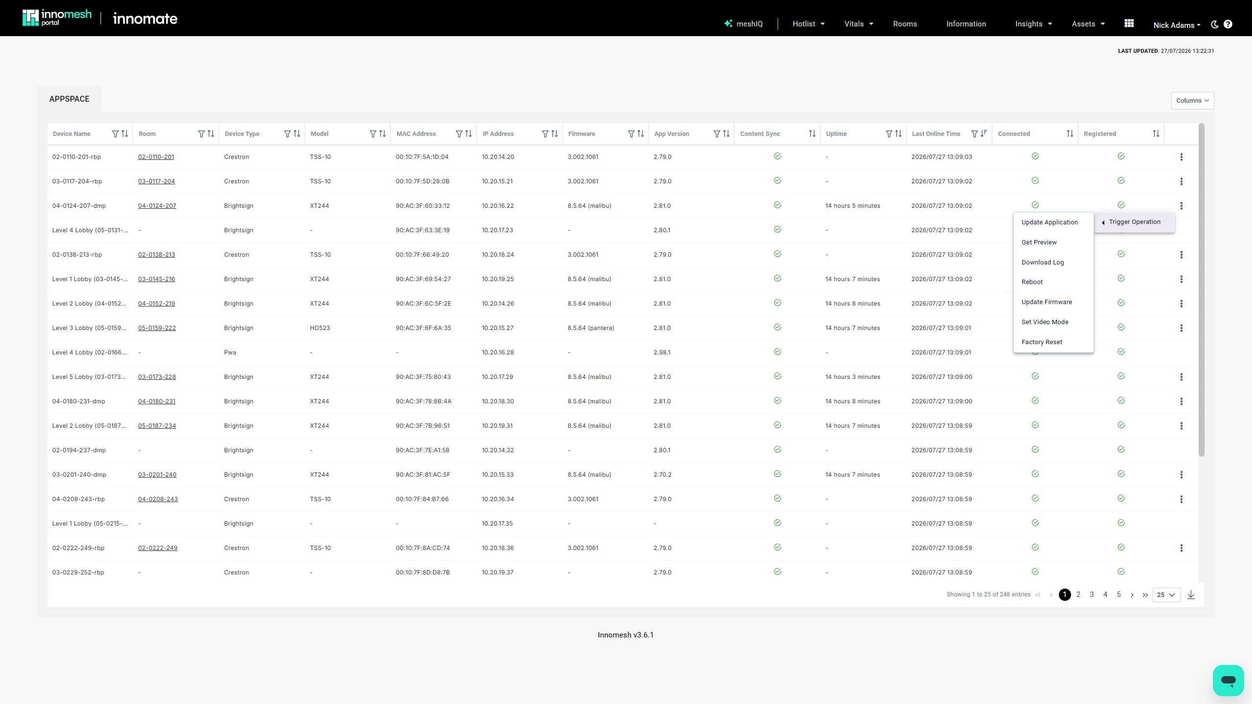 Appspace table row with the Trigger Operation submenu open, listing Update Application, Get Preview, Download Log, Reboot, Update Firmware, Set Video Mode and Factory Reset