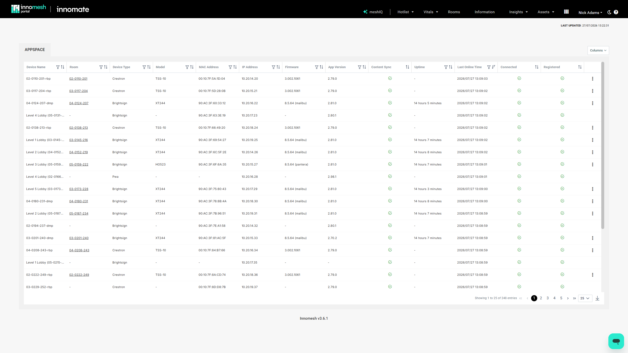 Appspace table of 25 signage endpoints with Device Name, Room, Device Type, Model, MAC and IP address, Firmware, App Version, Content Sync, Uptime, Last Online Time, Connected and Registered columns