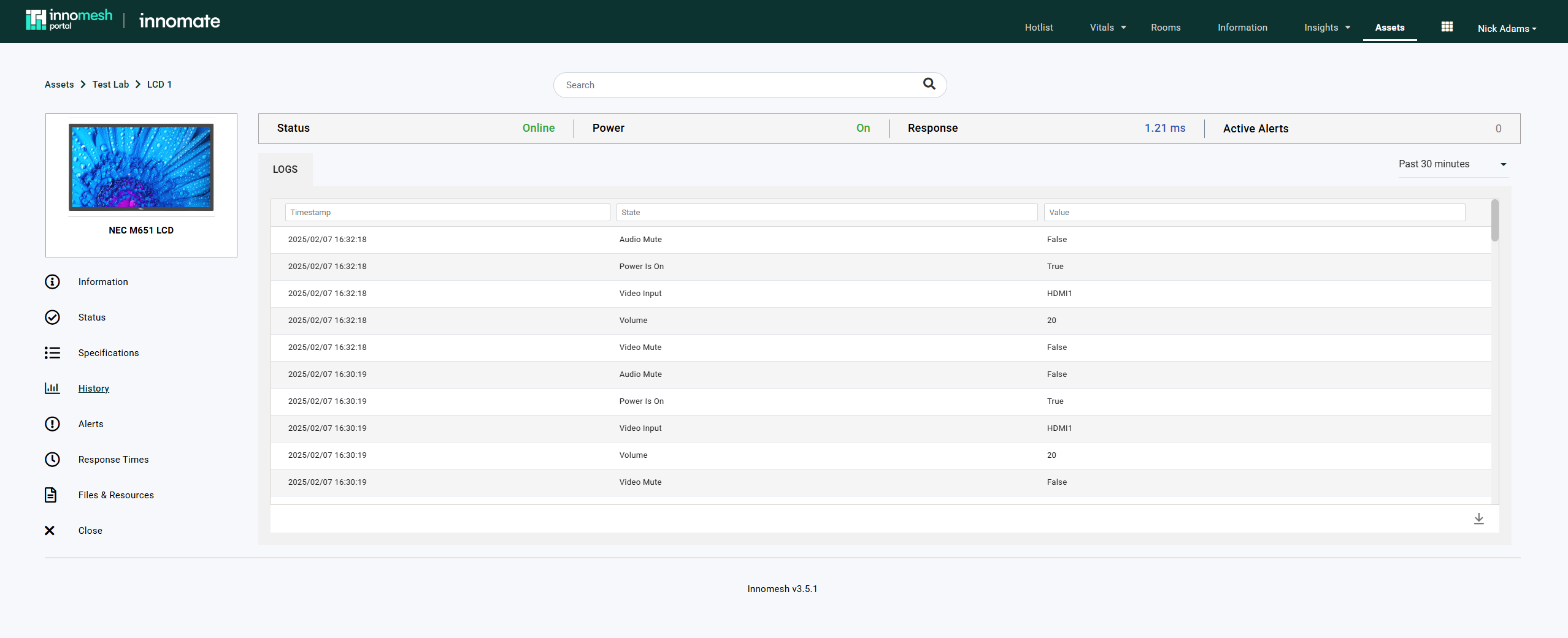 History tab Logs view with Timestamp, State, and Value columns showing Audio Mute, Power Is On, Video Input, and Volume entries