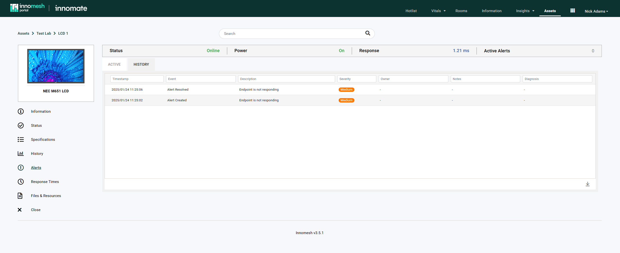 Alerts tab History view listing Alert Resolved and Alert Created entries for an Endpoint not responding alert at Medium severity
