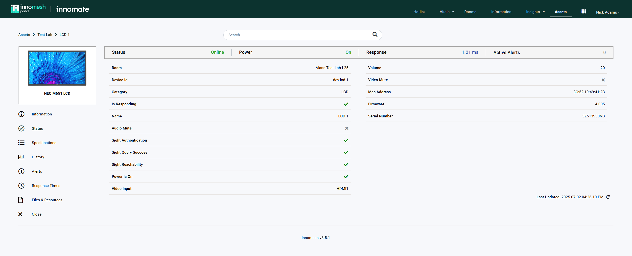Status tab listing Room, Is Responding, Audio Mute, Sight Authentication, Power Is On, Video Input HDMI1, and Volume values