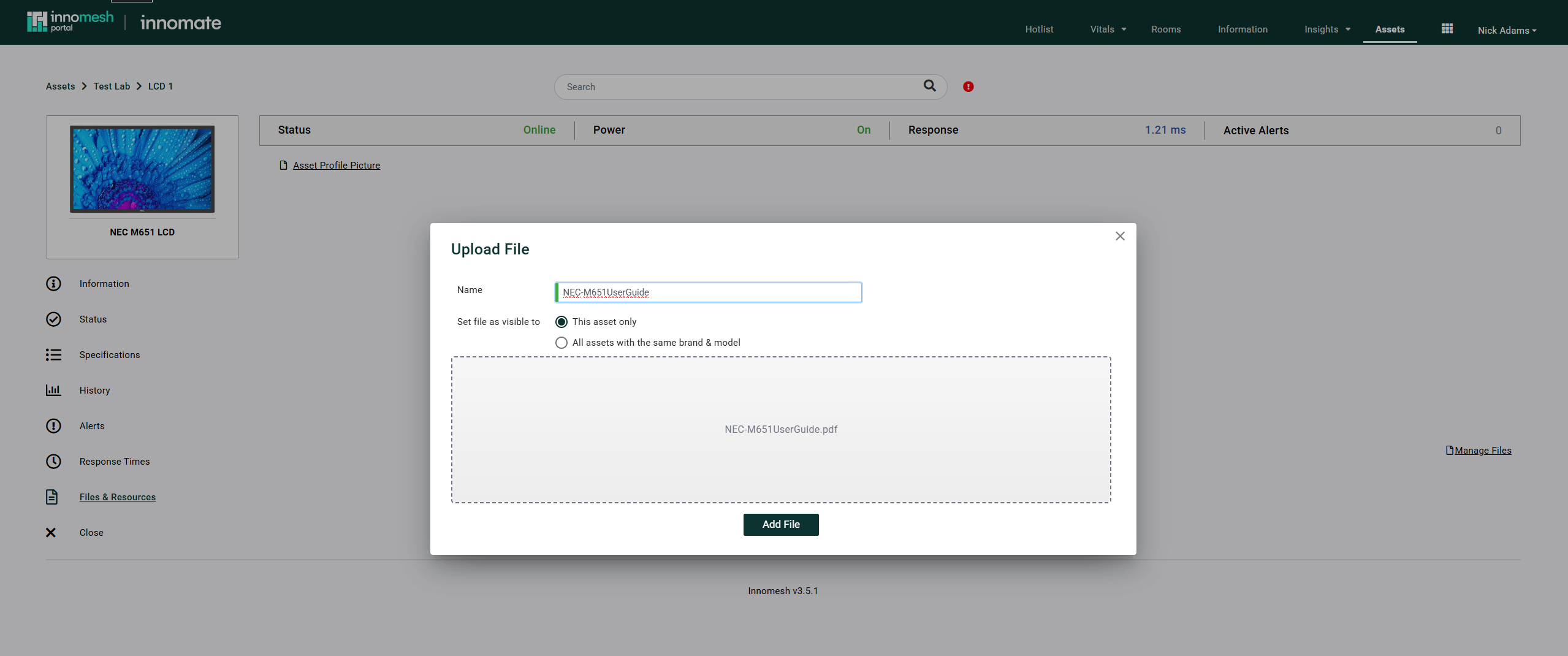 Files and Resources tab with Upload File dialog for adding a user guide PDF with visibility and Add File options