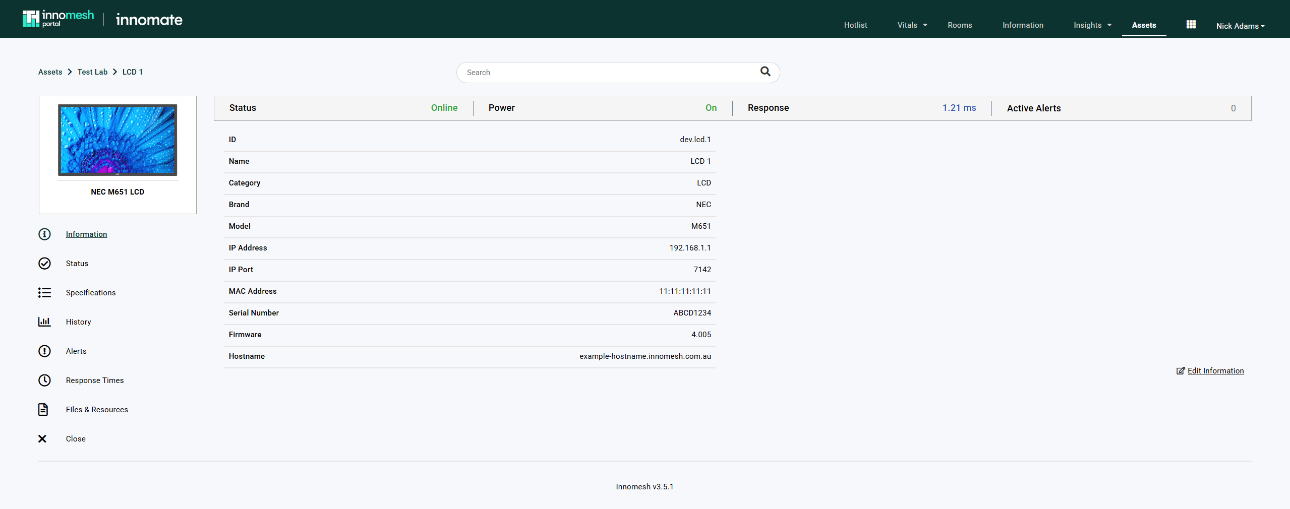 Information tab listing ID, Name, Category, Brand, Model, IP Address, MAC Address, Serial Number, Firmware, and Hostname
