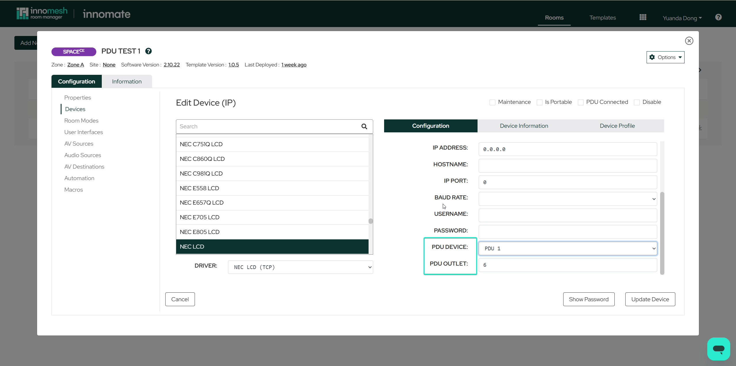 PDU and outlet number selection dropdown in Room Manager device configuration