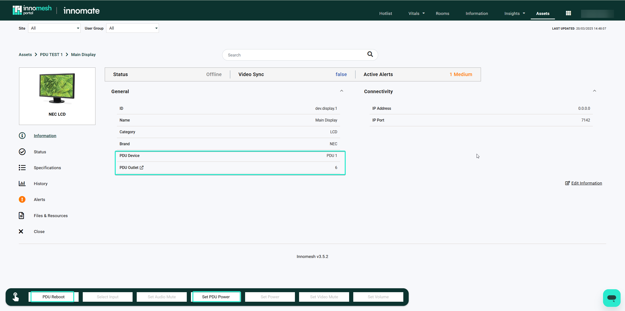Asset Information View showing Set PDU Power and PDU Reboot control options