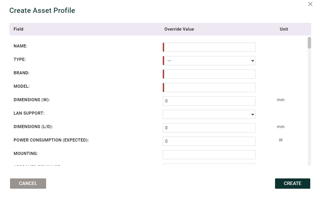 Create Asset Profile form with required and optional fields