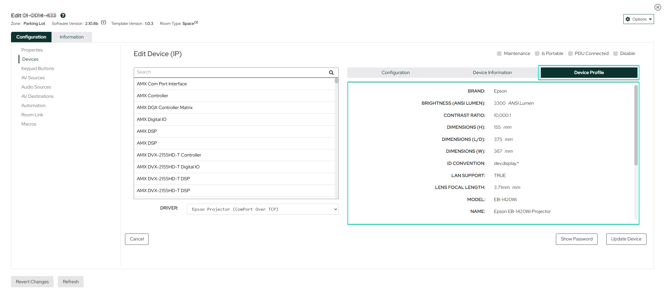 Device configuration view showing asset profile information in Room Manager