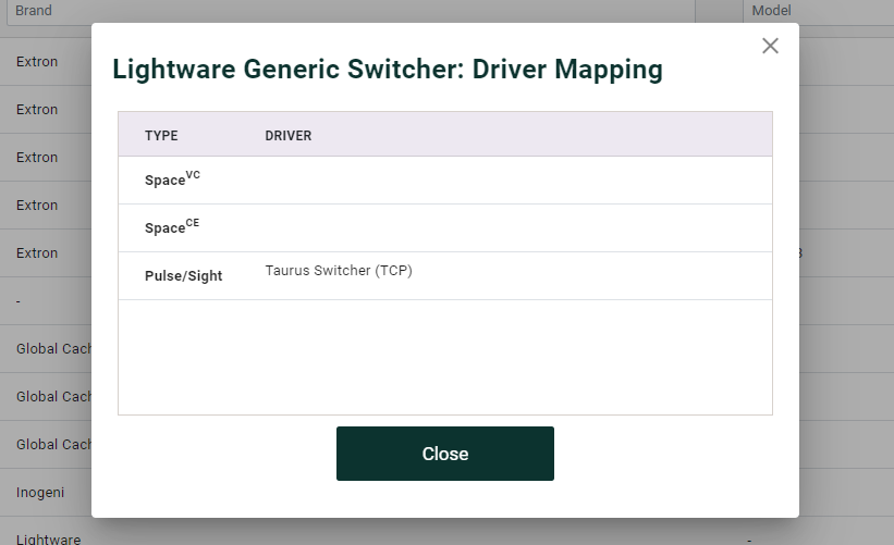 Driver mapping selection interface for Space CE, Space VC, Sight, and Pulse driver types