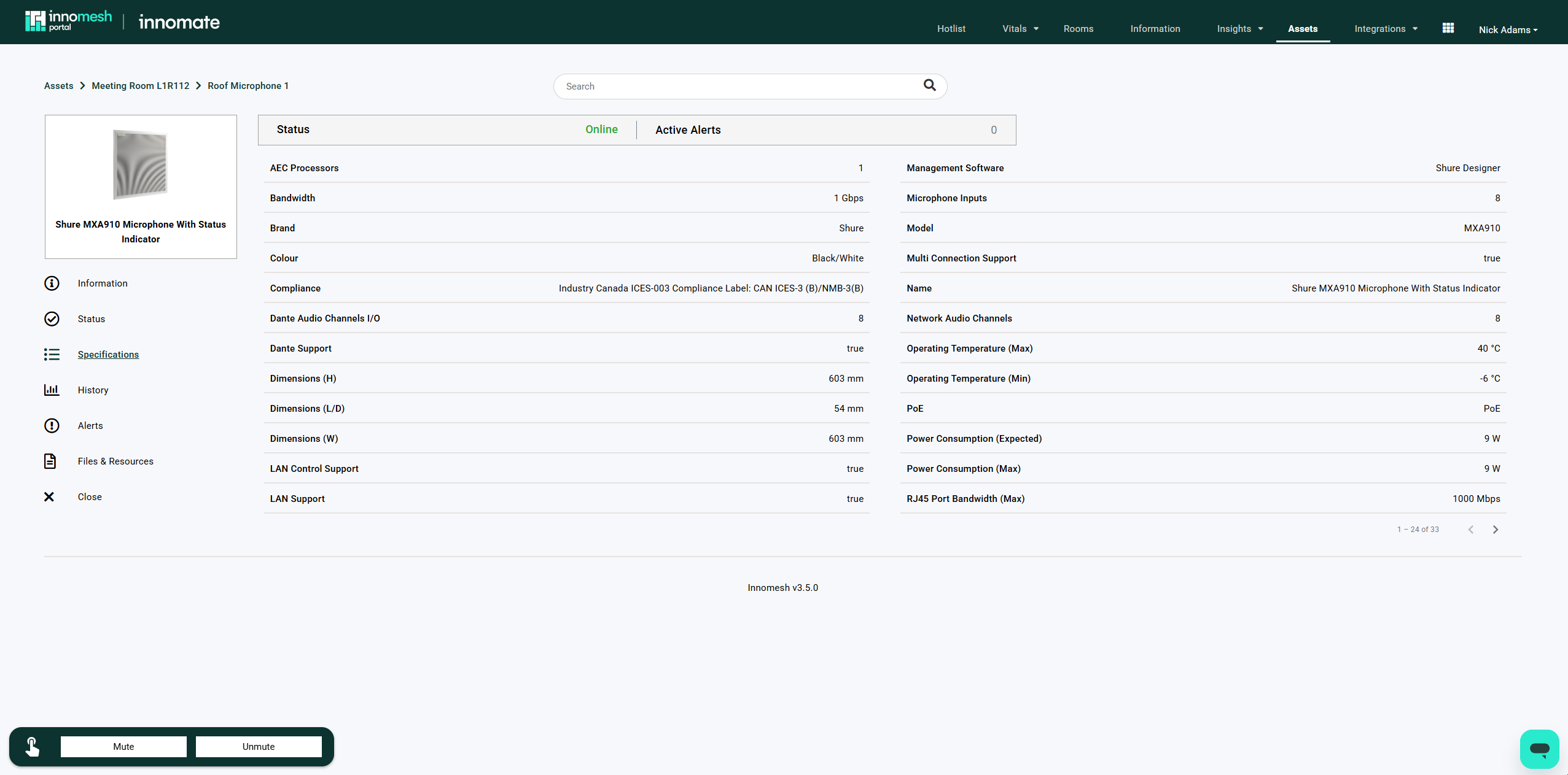 Asset Information View showing comprehensive asset details and specifications from the profile