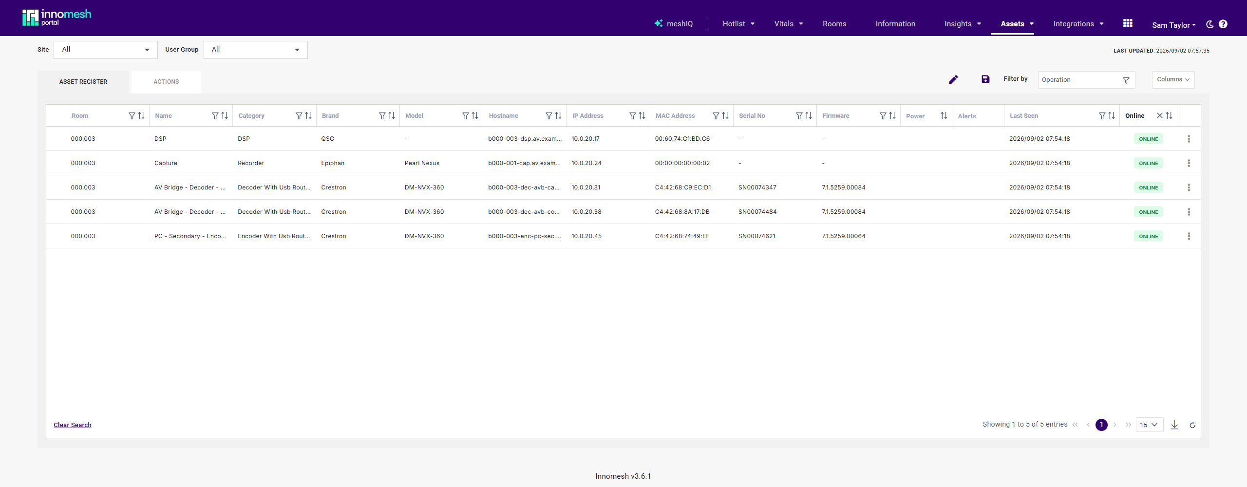 Assets table with a Last Seen column showing per-device timestamps next to green ONLINE status tags