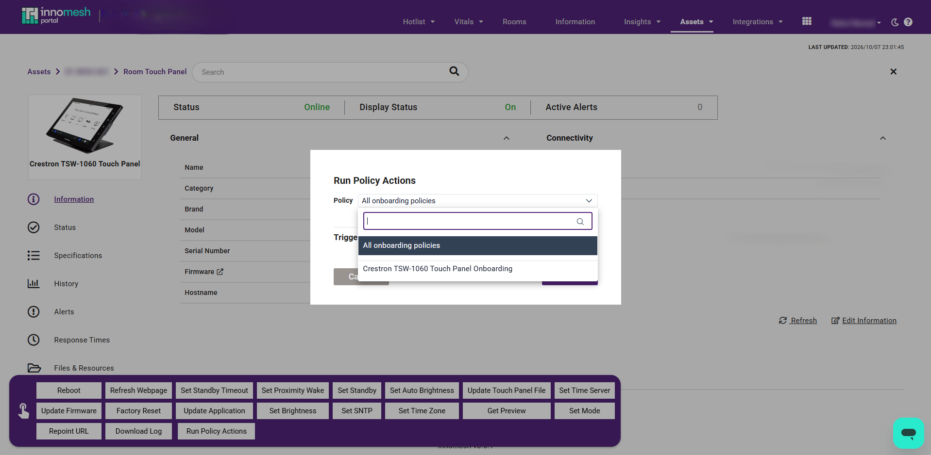 Run Policy Actions dialog with the Policy dropdown open, showing a search box, All onboarding policies highlighted, and one touch panel onboarding policy below it