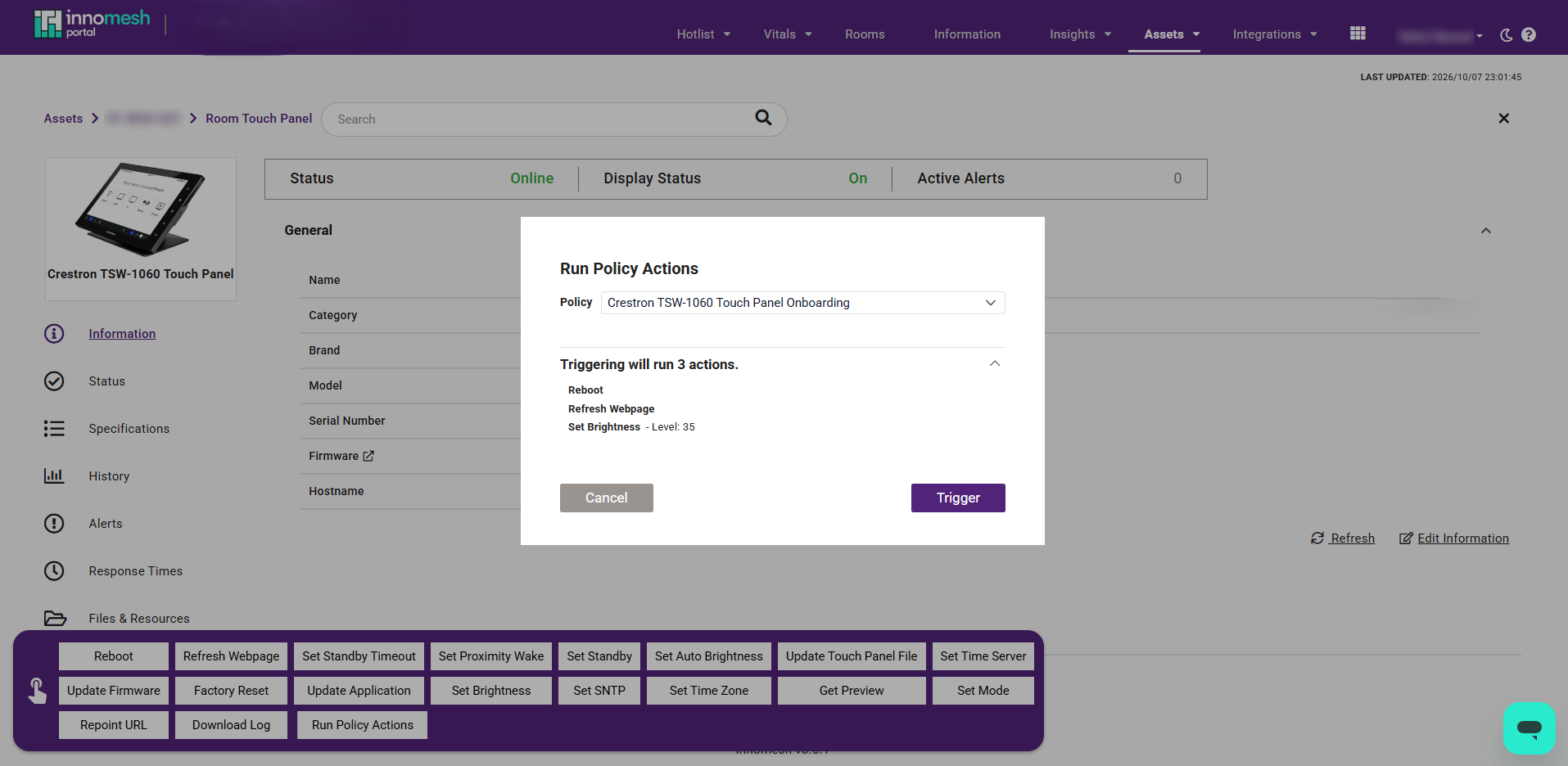 Run Policy Actions dialog with one onboarding policy selected and the summary Triggering will run 3 actions expanded to list Reboot, Refresh Webpage and Set Brightness at level 35
