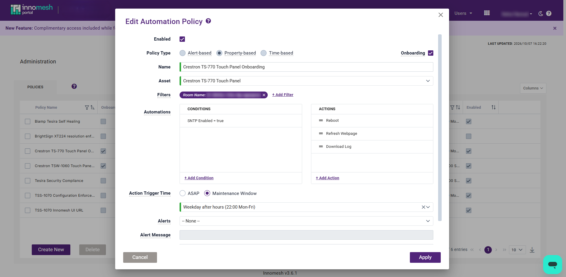 Edit Automation Policy form with Property-based selected and the Onboarding checkbox ticked at the right of the Policy Type row, over a Policies table with an Onboarding column