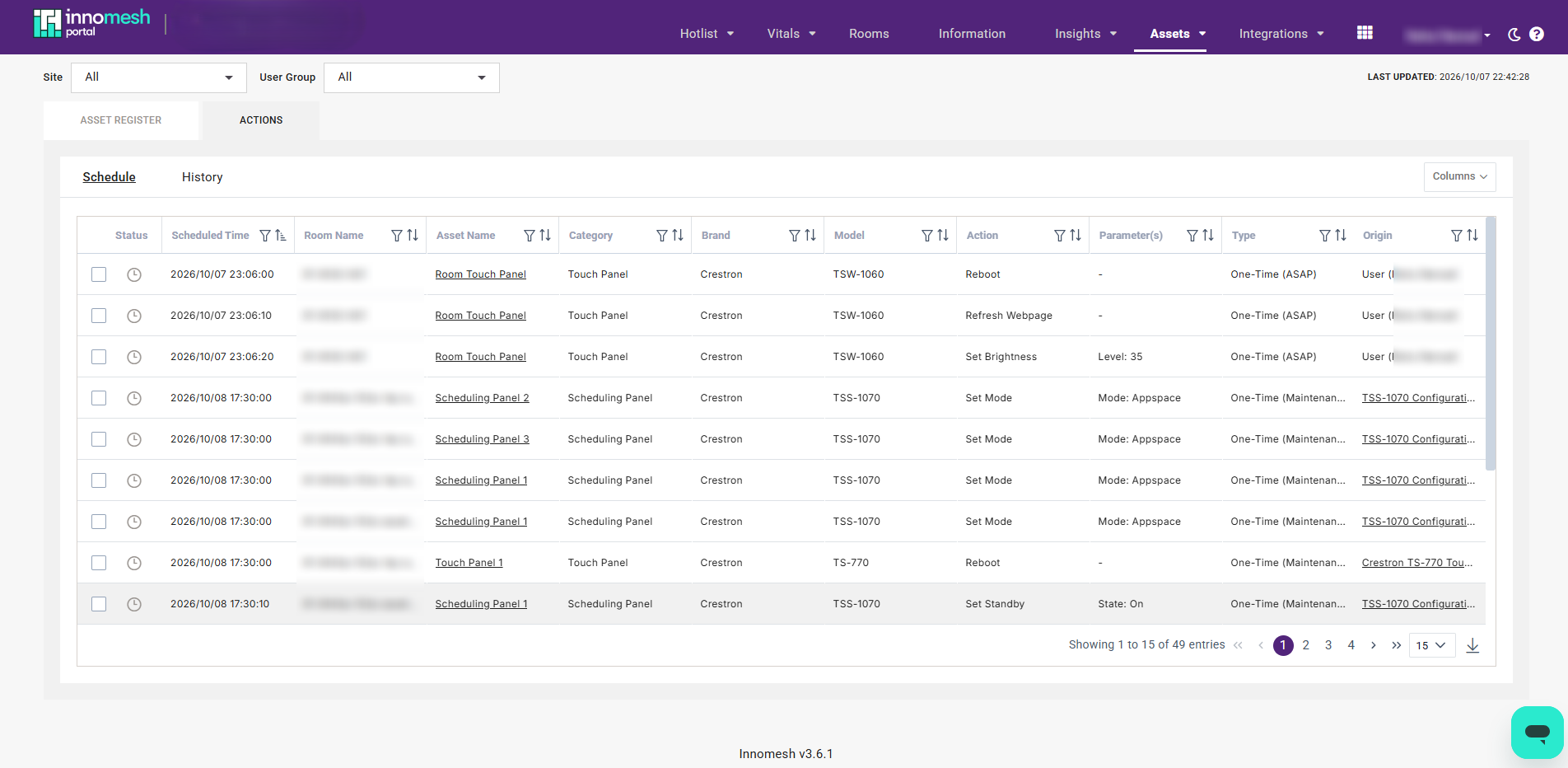 Schedule tab listing Reboot, Refresh Webpage and Set Brightness for a touch panel, each One-Time (ASAP) with a User origin, above maintenance window actions from policies