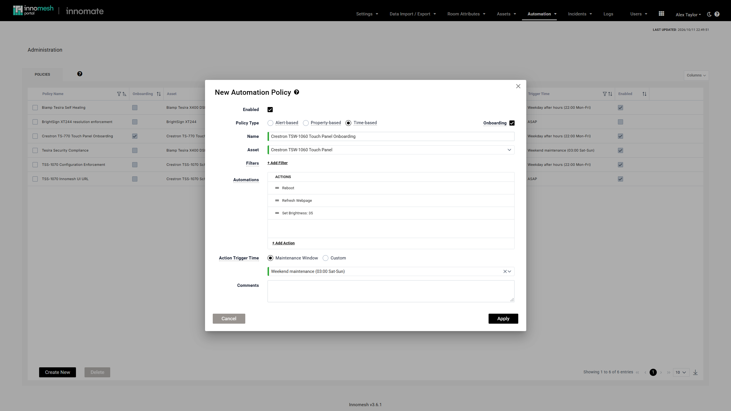 New Automation Policy form with Time-based selected, the Onboarding checkbox ticked at the right of the Policy Type row, three actions and a weekend maintenance window