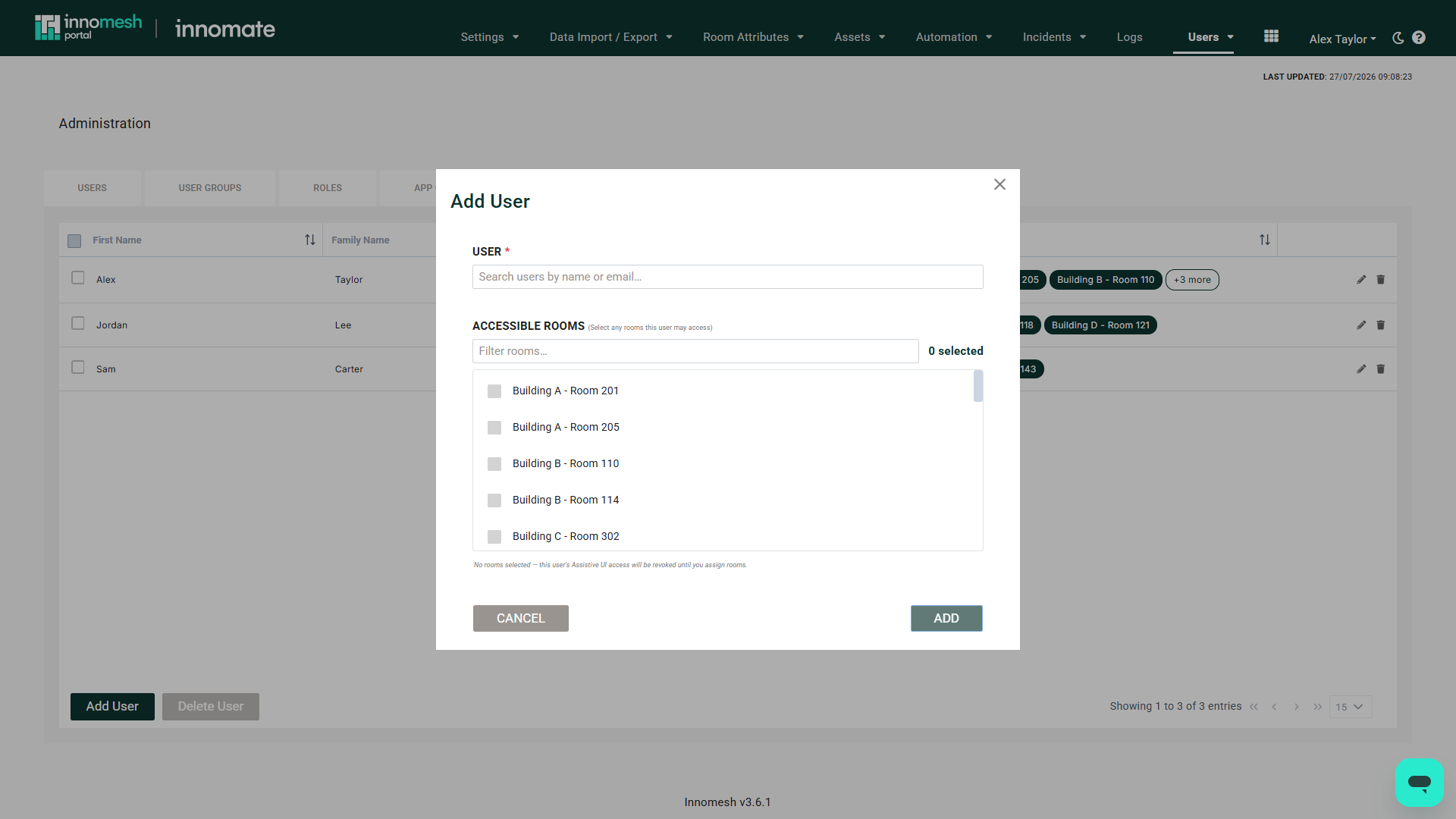 Add User dialog with a searchable User field and a scrollable, filterable checkbox list of Accessible Rooms with a selected count