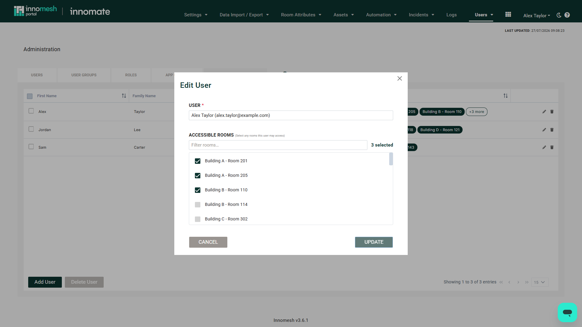 Edit User dialog pre-populated with a selected user and three ticked rooms, with an Update button