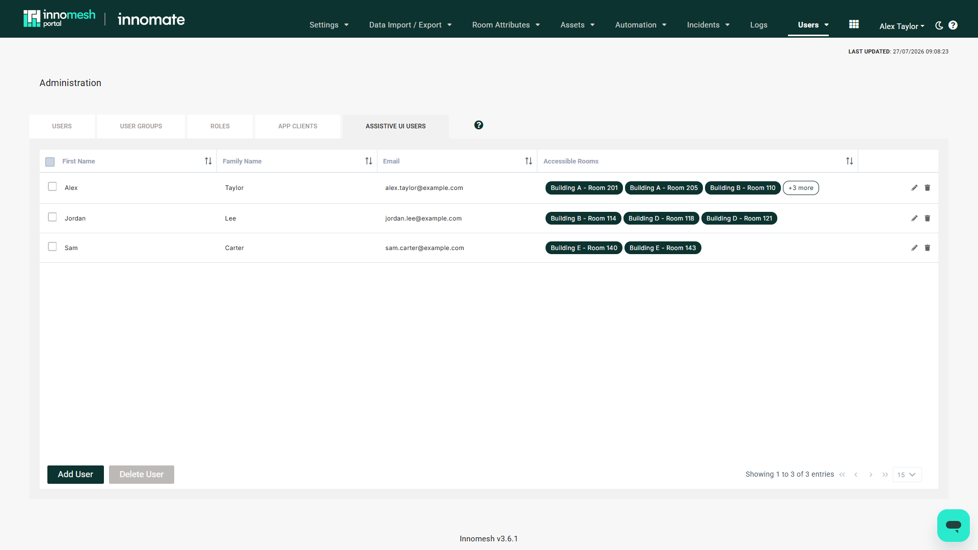 Assistive UI Users tab listing users with First Name, Family Name, Email, and Accessible Rooms shown as tags with a plus-N-more overflow tag