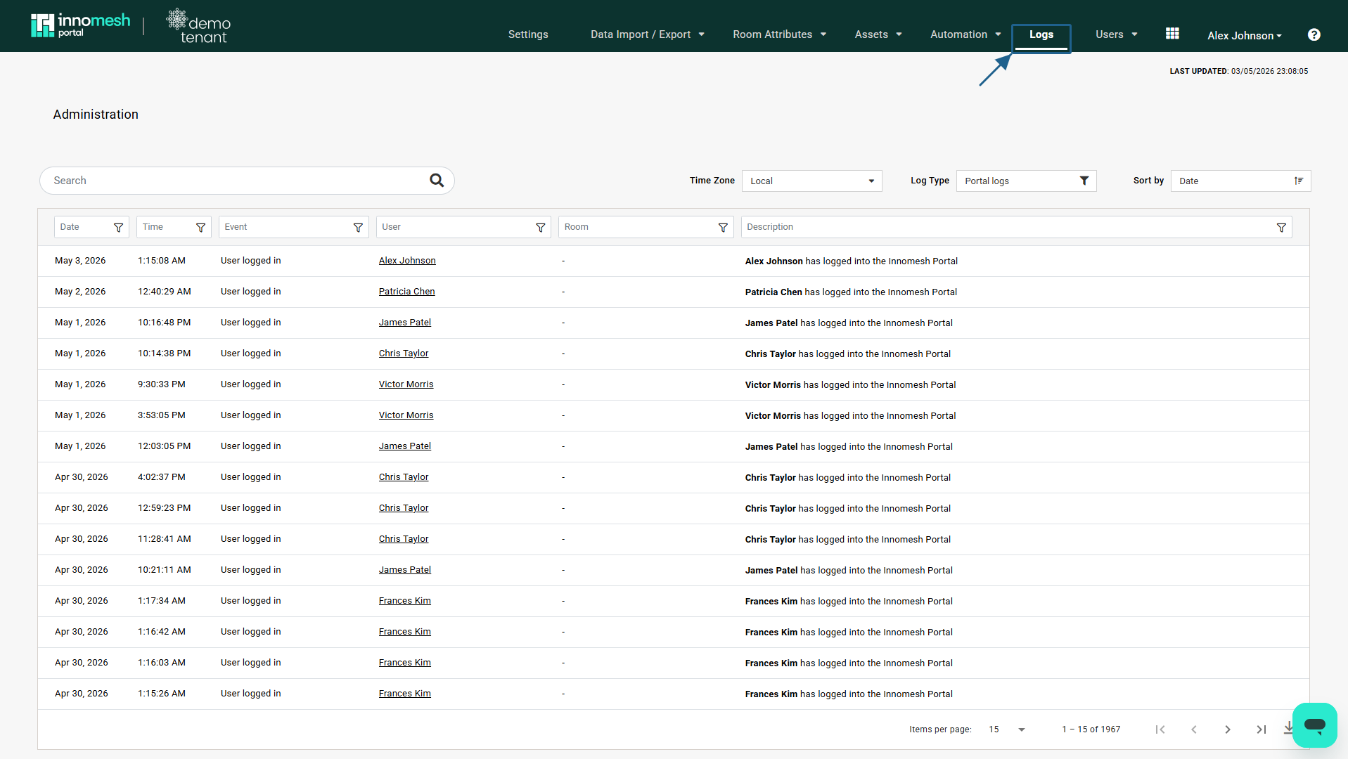 Audit Logs page showing filtered entries with timestamp, user, action, and target columns