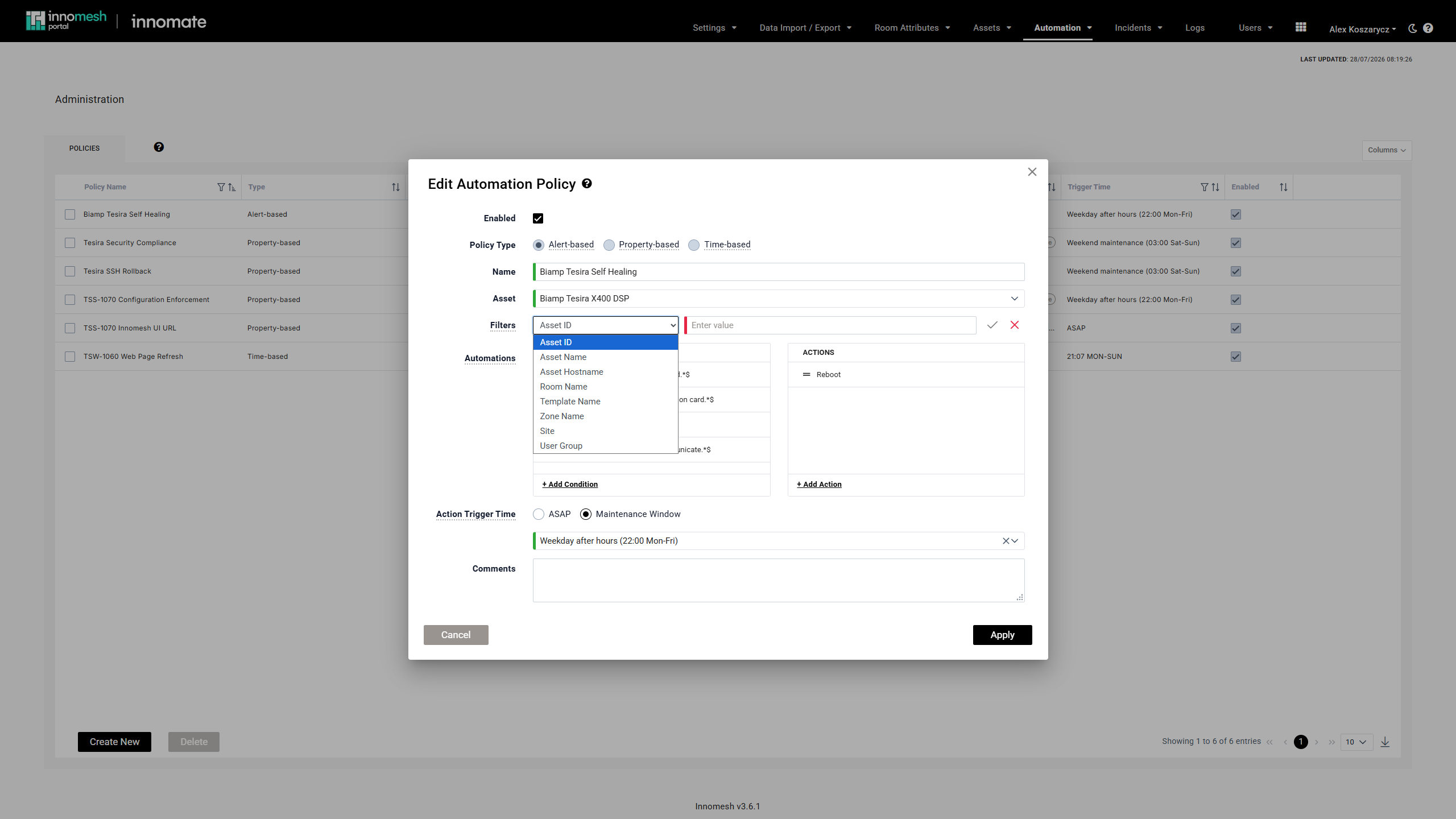Filter type dropdown open on a policy form, listing all eight filter types