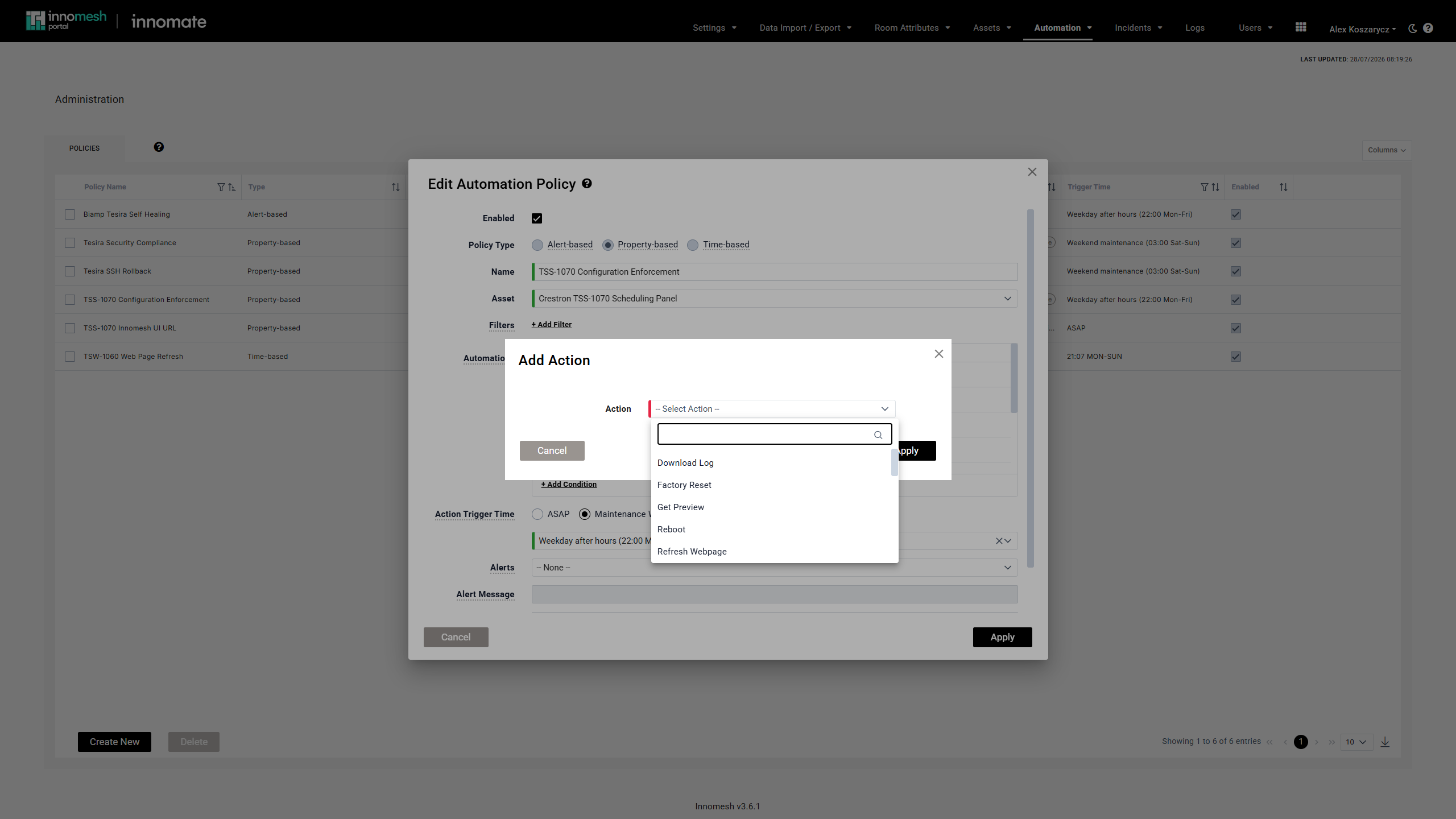 Add Action dialog with the action dropdown open, showing a search field above the list of available actions