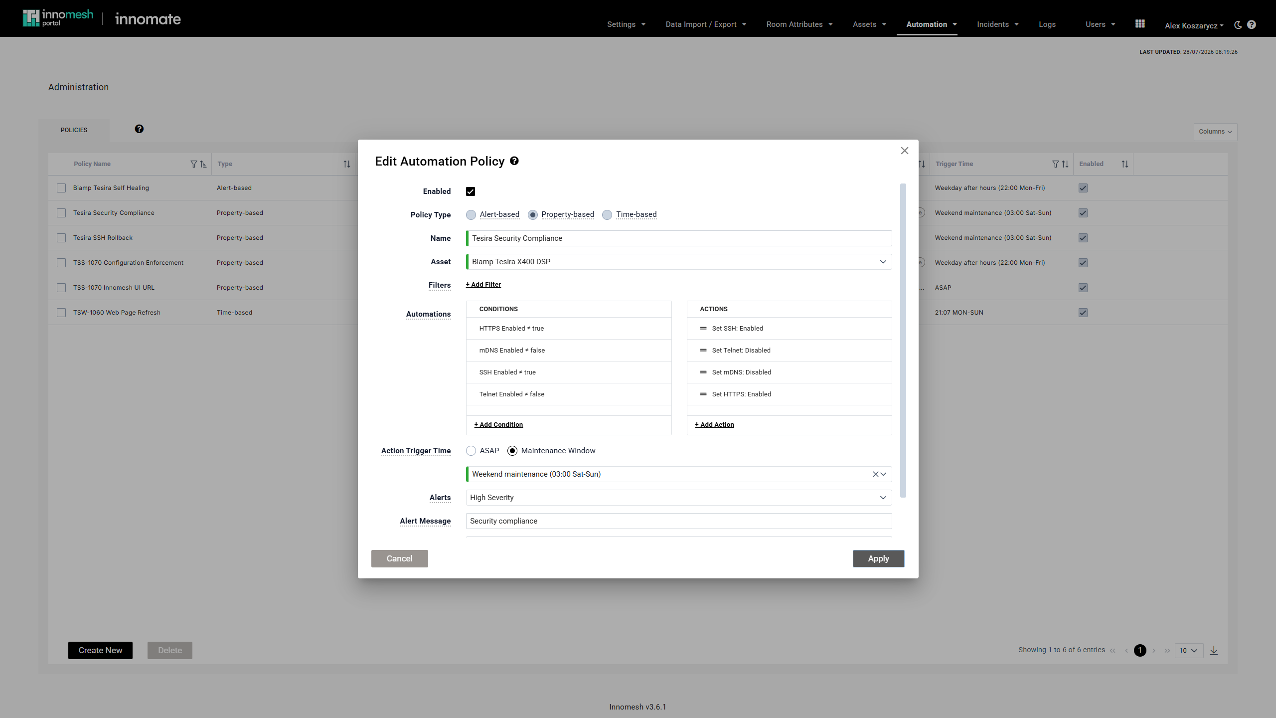 Policy form with Alerts set to High Severity and an Alert Message reading Security compliance