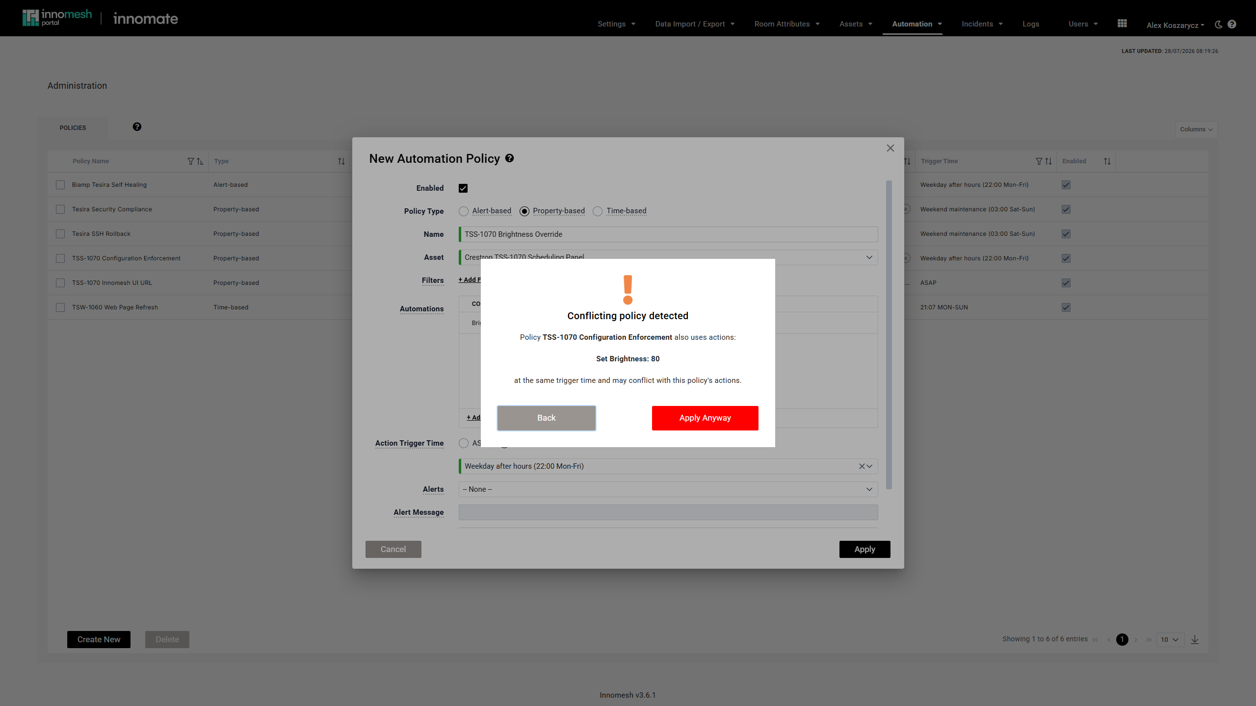 Conflicting policy detected dialog naming TSS-1070 Configuration Enforcement and its Set Brightness 80 action, with Back and Apply Anyway buttons