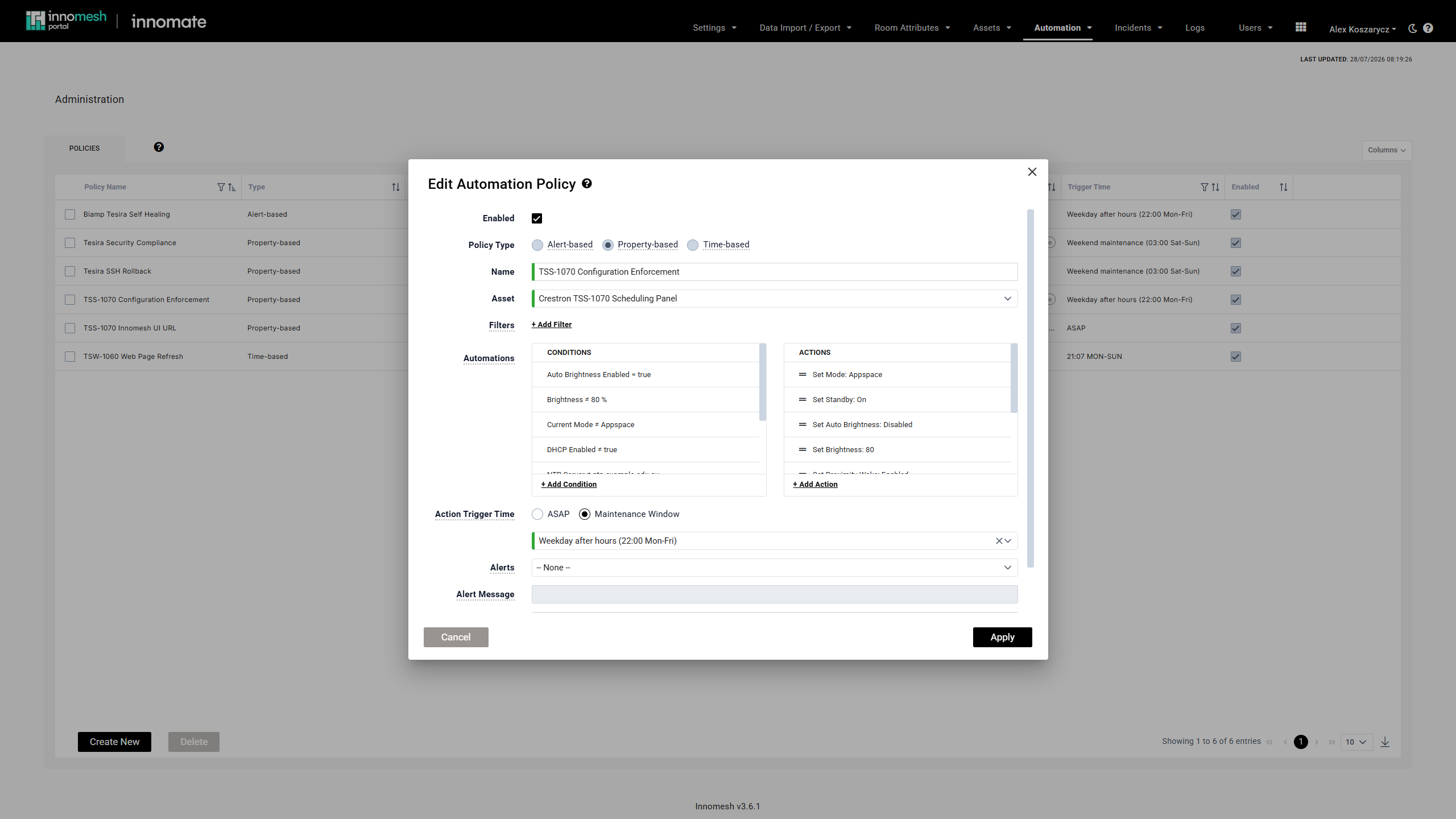 Property-based policy form for a Crestron TSS-1070 panel with scrollable conditions and actions lists