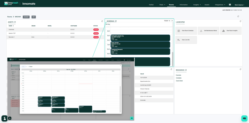 Room Support View showing the daily schedule timeline with booked and free periods