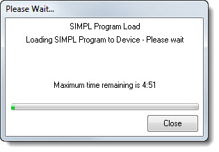 Please Wait progress window with a progress bar and the maximum time remaining for the program transfer