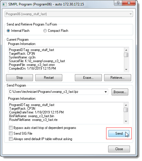 SIMPL Program dialog with a program file browsed in, an Internal Flash memory option, a program slot dropdown, and a Send button