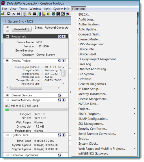 Crestron Toolbox System Info window with the Functions menu open, listing the available device functions