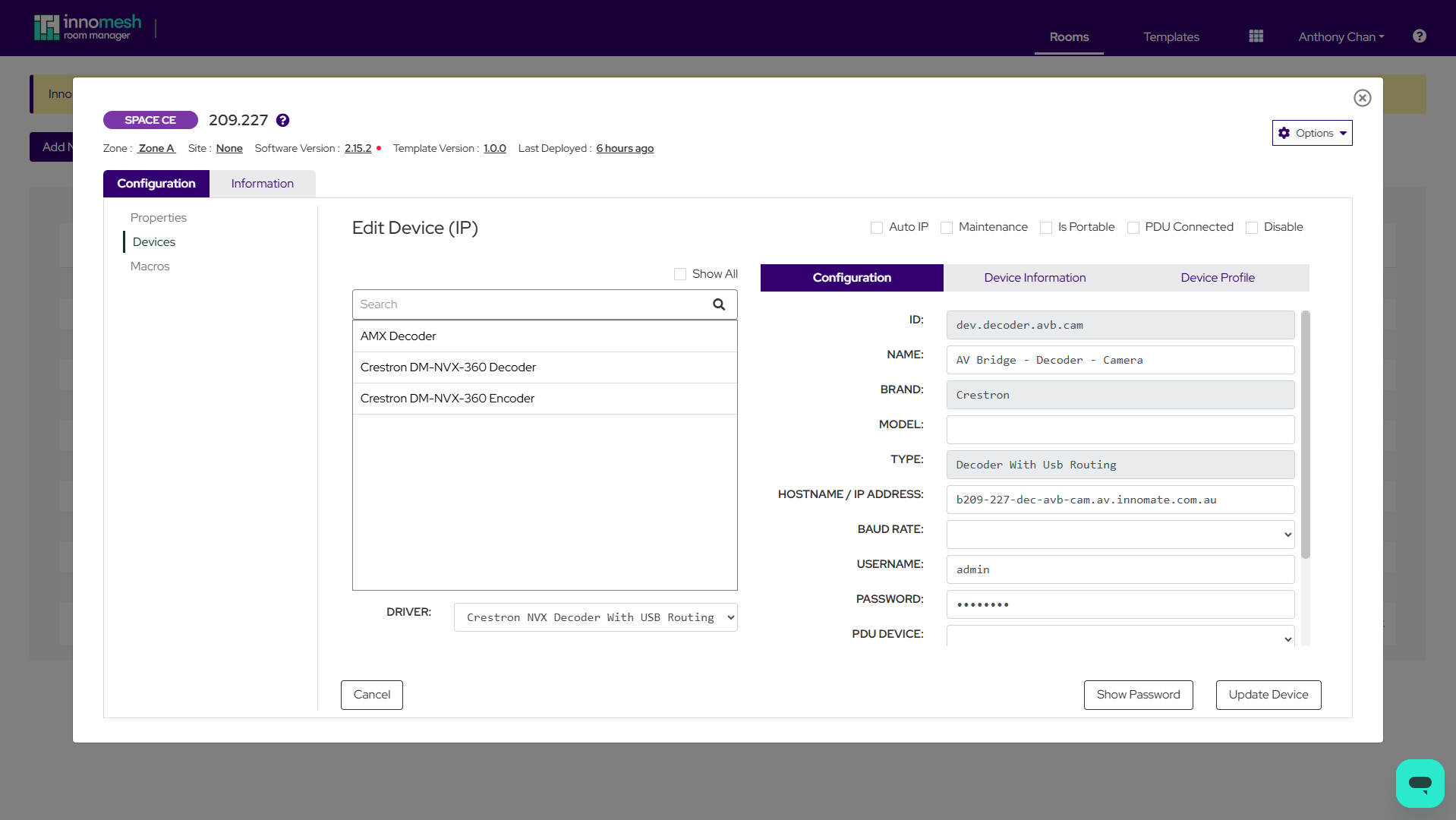Edit Device form with Auto IP disabled showing a combined Hostname / IP Address field