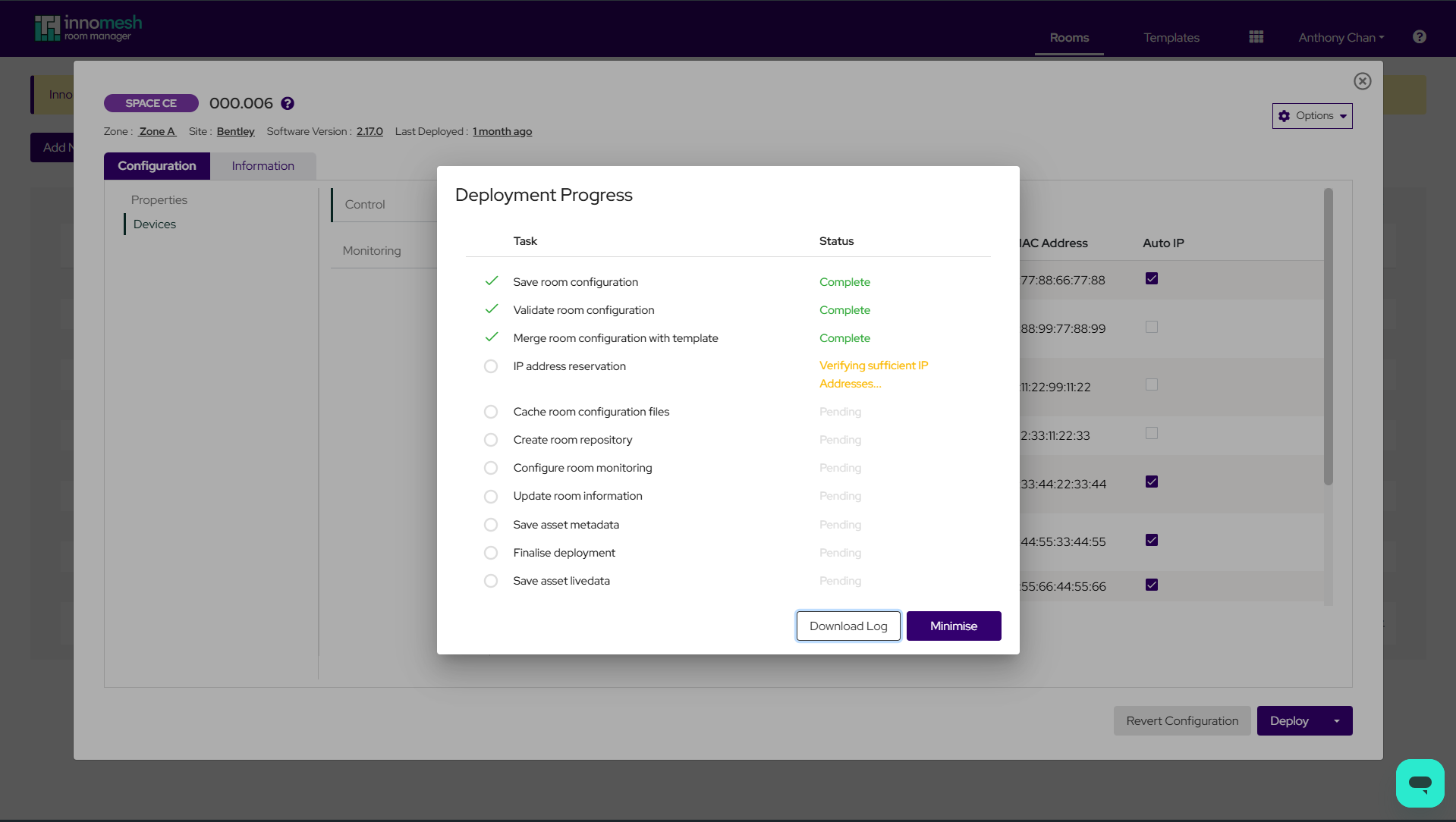 Room deployment progress screen with IP reservation steps completing alongside other deployment tasks