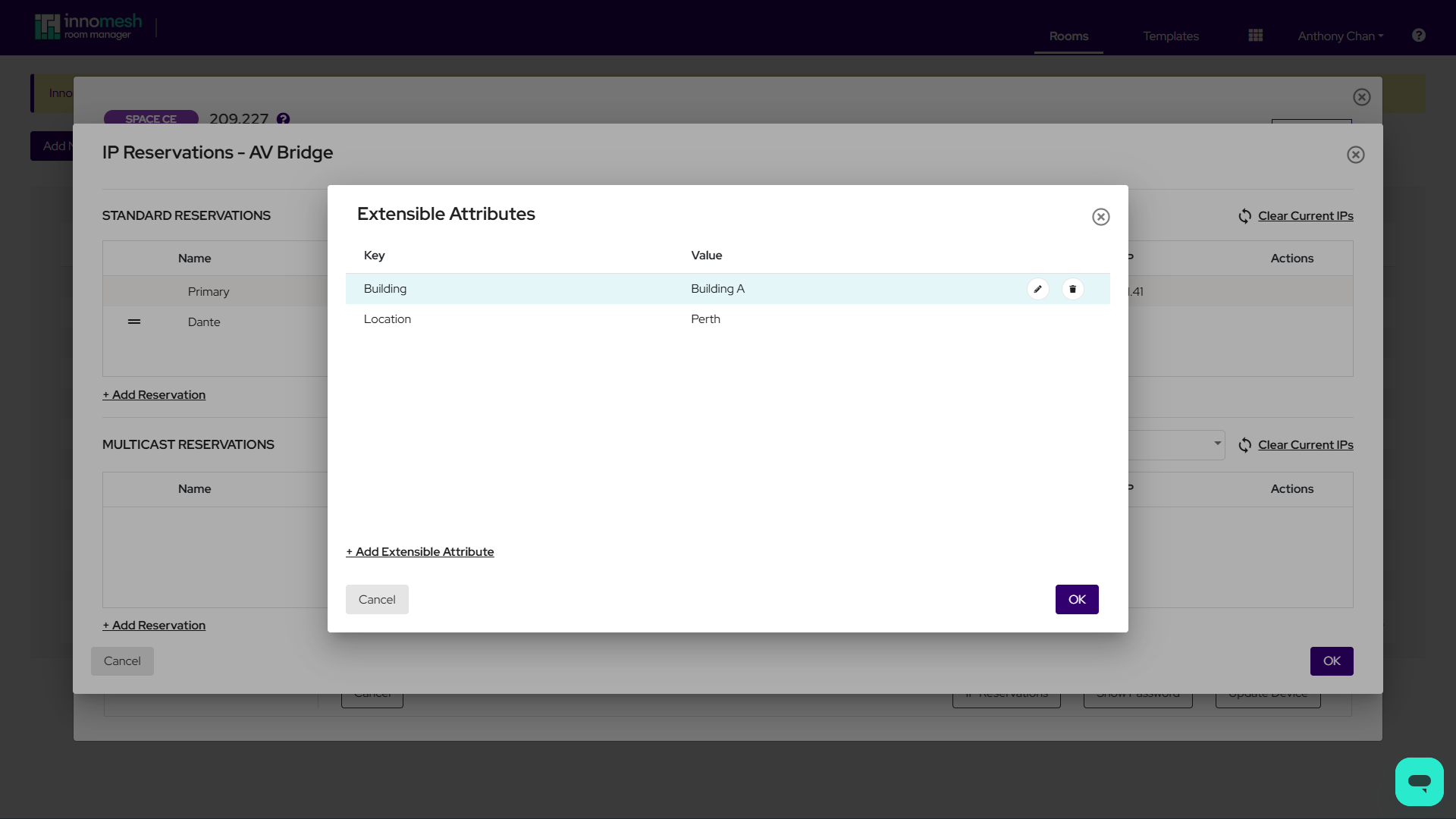 Extensible Attributes modal for a reservation with key-value rows and edit and delete controls
