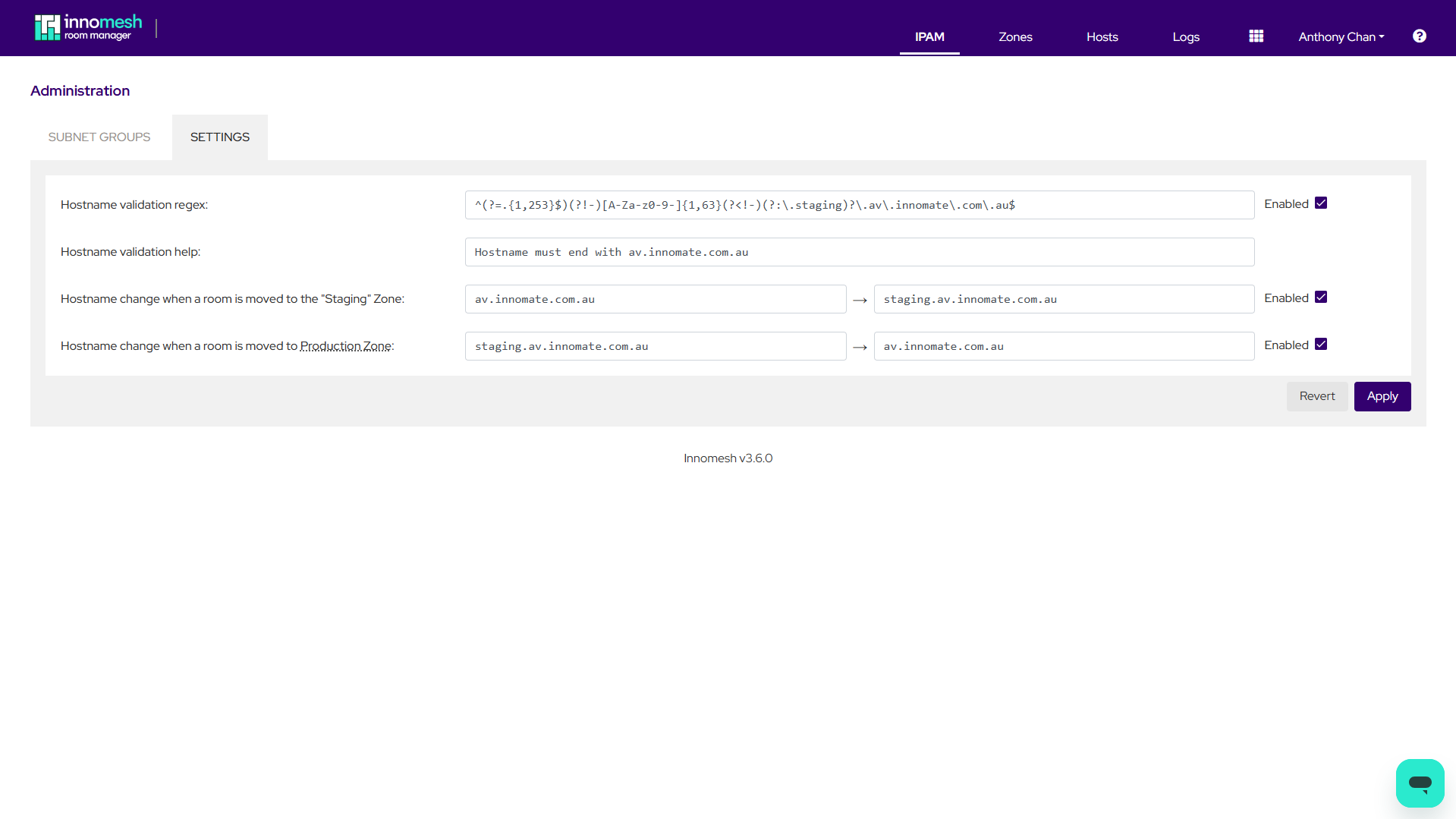 IPAM Settings page with Hostname validation regex, Staging modification, and Production modification fields