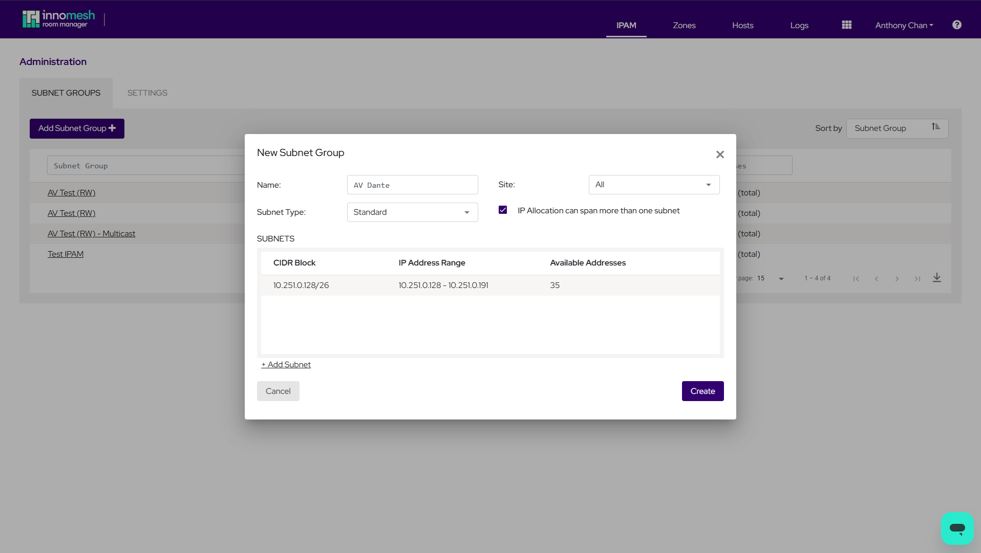 New Subnet Group modal with Name, Site, Subnet Type, spanning checkbox, and a subnets list