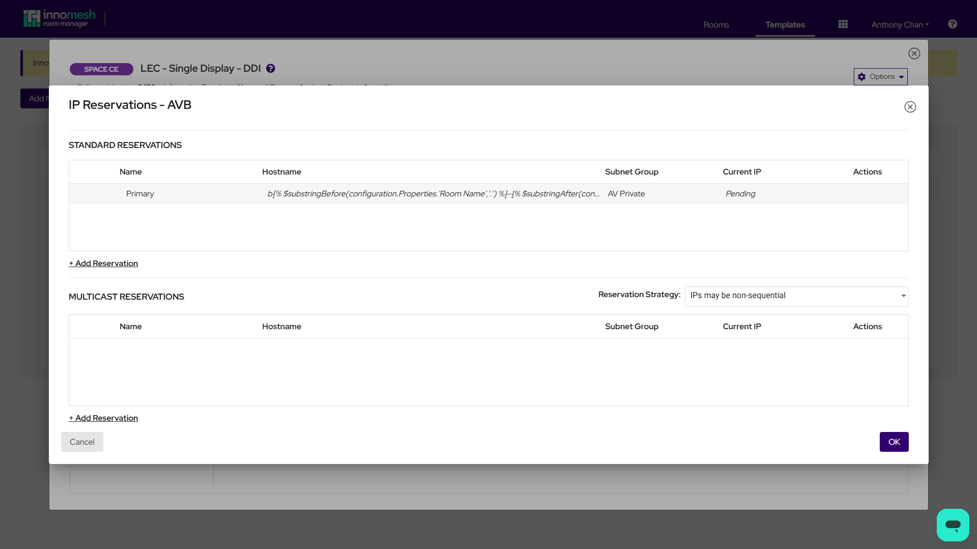 Template IP Reservations modal with a Primary standard reservation using a dynamic expression hostname and Pending Current IP