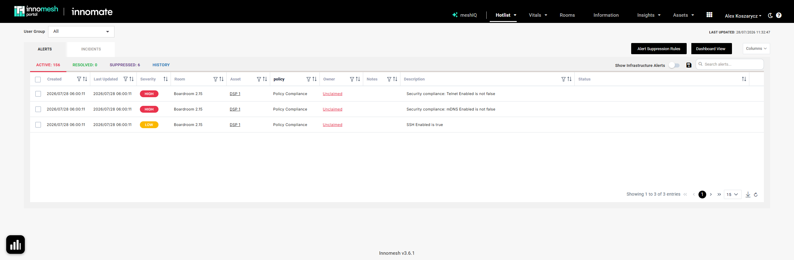 Hotlist filtered to Policy Compliance, showing two High alerts and one Low alert on the same DSP